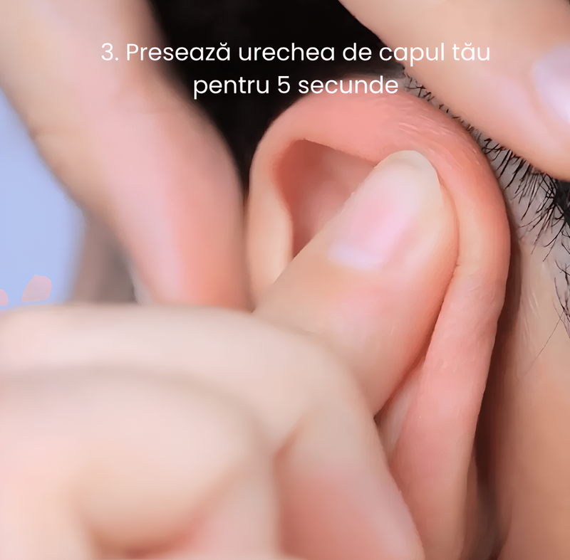 Presează urechea de capul tău 5 secunde iar înainte nu uita să depărtezi părul și să cureți zona