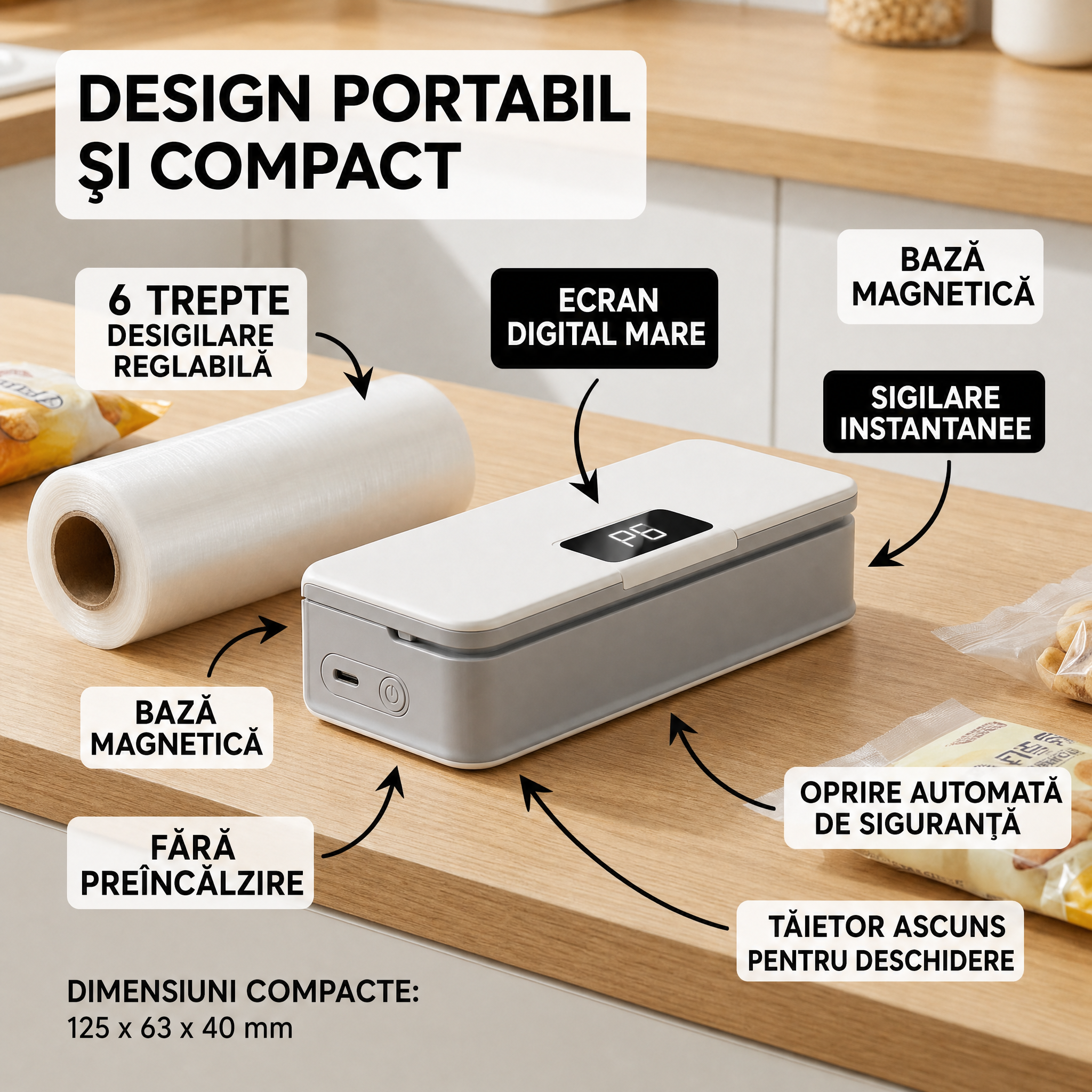 APARAT PORTABIL DE SIGILAT PUNGI – 6 TREPTE DE TEMPERATURĂ, REÎNCĂRCABIL USB