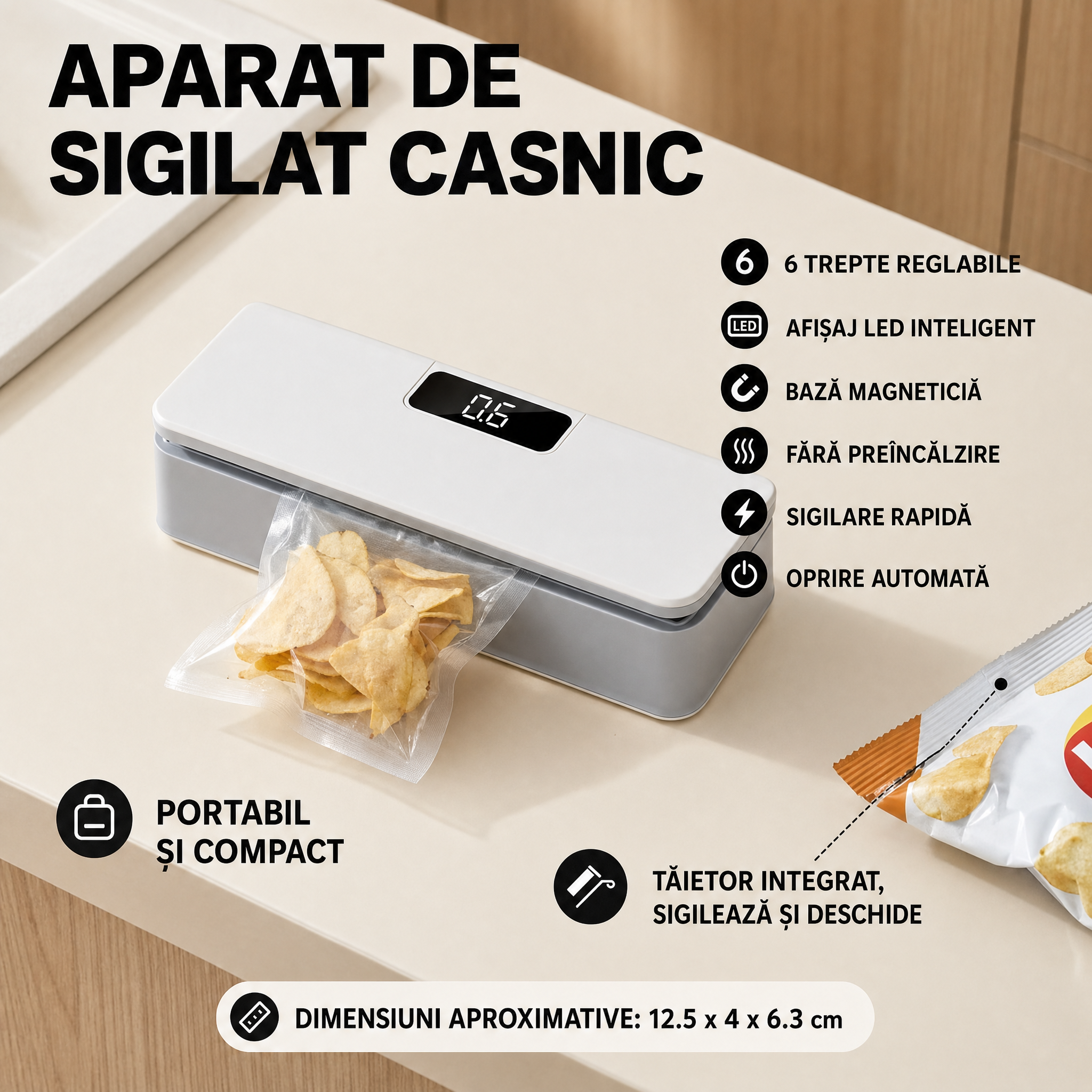 APARAT PORTABIL DE SIGILAT PUNGI – 6 TREPTE DE TEMPERATURĂ, REÎNCĂRCABIL USB