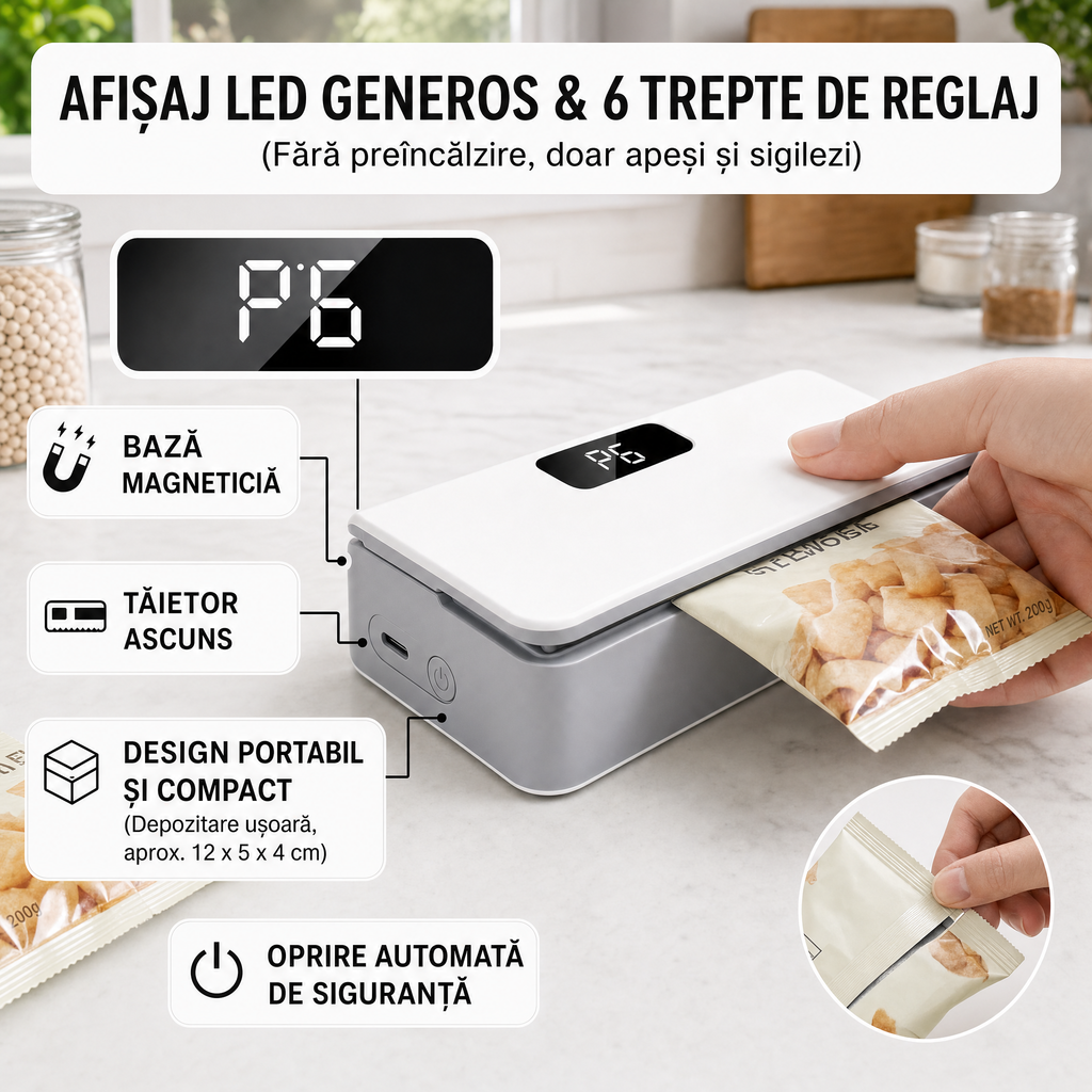 APARAT PORTABIL DE SIGILAT PUNGI – 6 TREPTE DE TEMPERATURĂ, REÎNCĂRCABIL USB