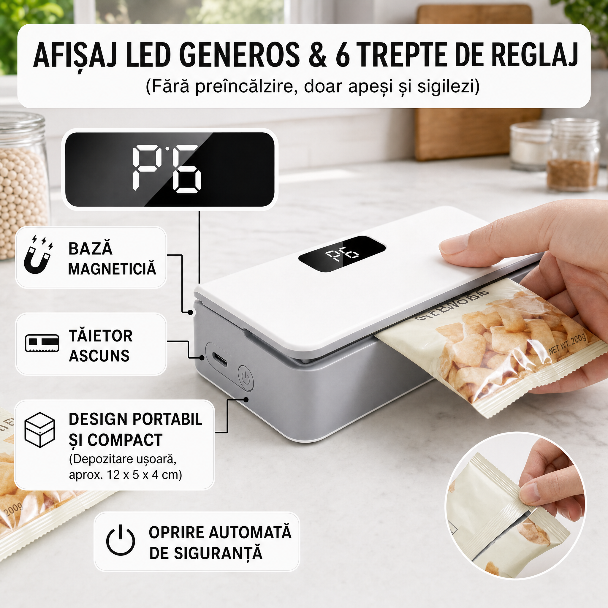 APARAT PORTABIL DE SIGILAT PUNGI – 6 TREPTE DE TEMPERATURĂ, REÎNCĂRCABIL USB