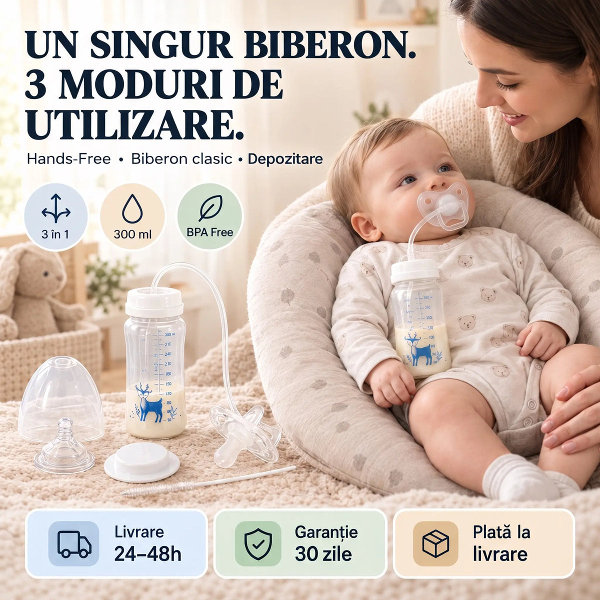 BIBERON ANTI COLICI 3 ÎN 1 – 300 ML